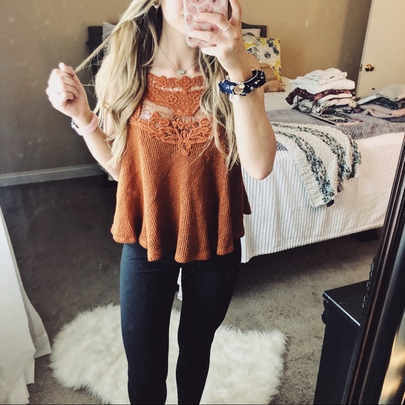 Tops - Burnt Orange Lace Halter Swing Tank Top